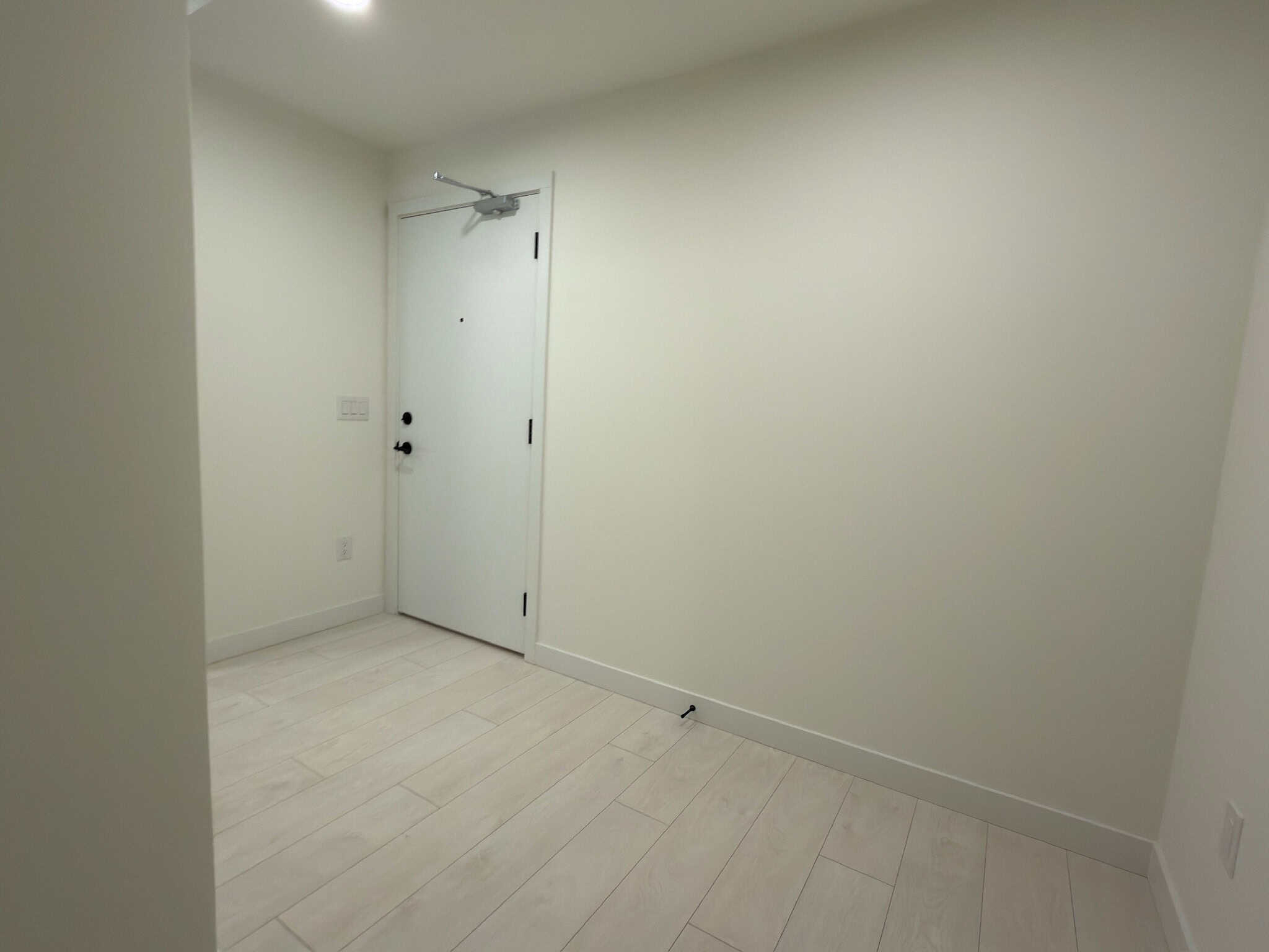 Modern entryway with white walls and light wood flooring, featuring a secure front door and minimal decor, representing contemporary Vancouver area real estate listings.