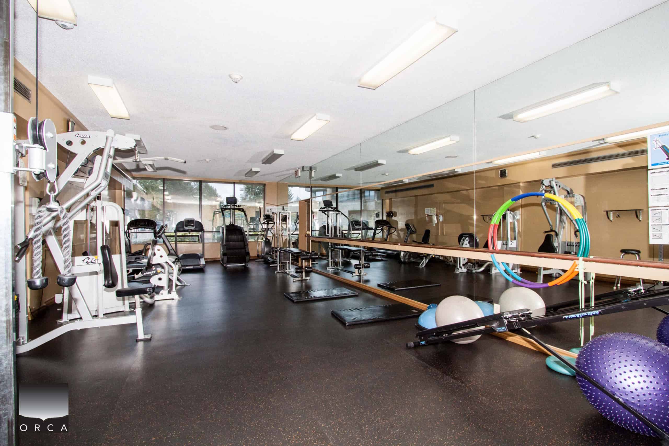 Modern fitness center with cardio and strength training equipment at Orca Realty Inc. in Toronto, Ontario. Fully equipped gym with free weights, exercise balls, and mirrors for all your workout needs.