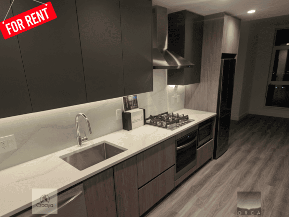 Modern contemporary kitchen with sleek dark cabinetry, stainless steel appliances, and a minimalist design, perfect for rental or sale in Ontario.