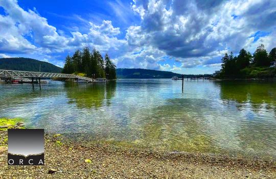 Serene lakeside view with calm waters, lush green trees, and a vibrant blue sky with clouds, ideal for waterfront properties and real estate in scenic Canadian locations.
