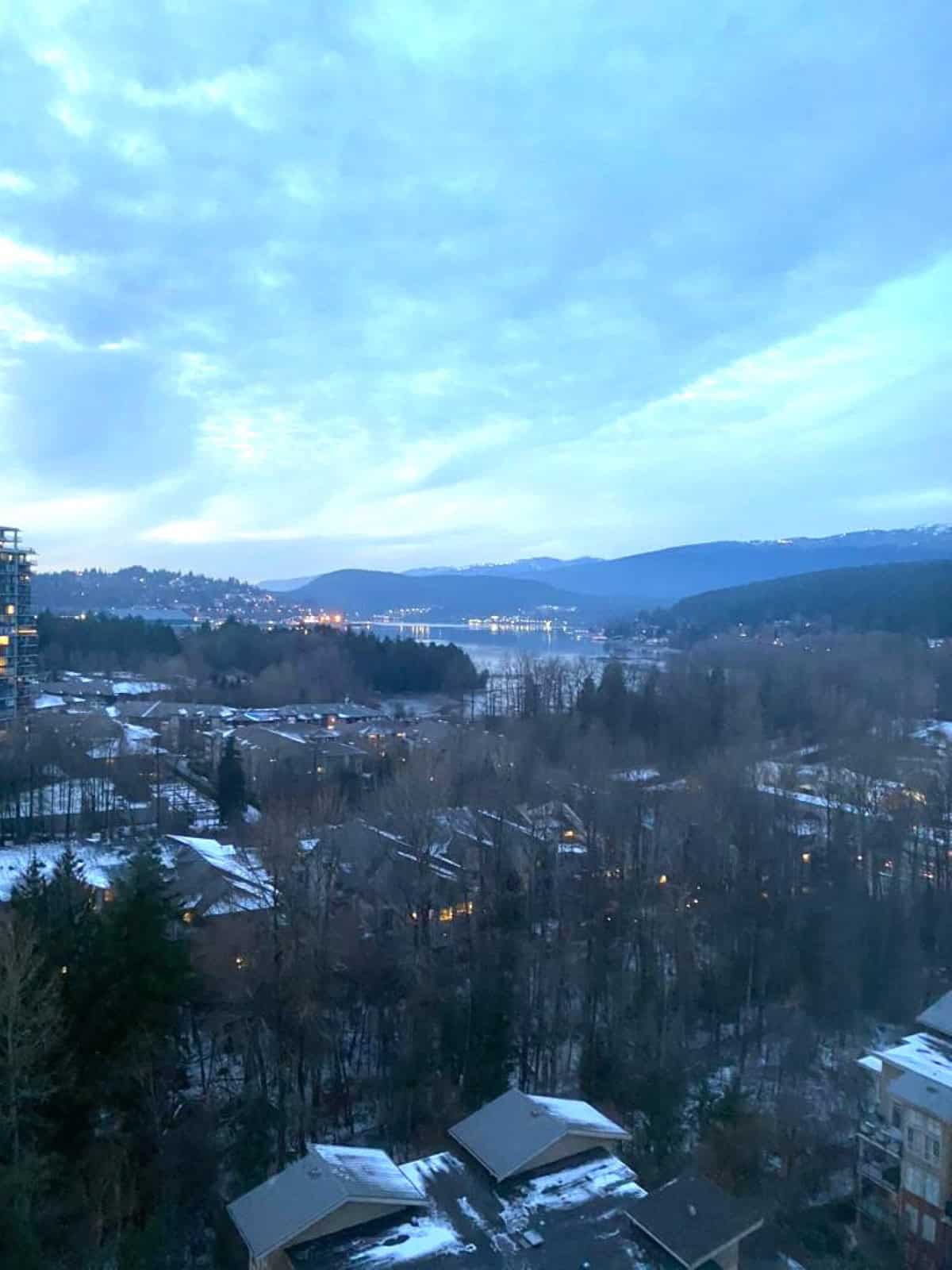Serene winter view of a lake, mountains, and residential neighbourhoods with snow-covered roofs, captured from a high-rise apartment in Vancouver, highlighting real estate and scenic beauty in British Columbia.