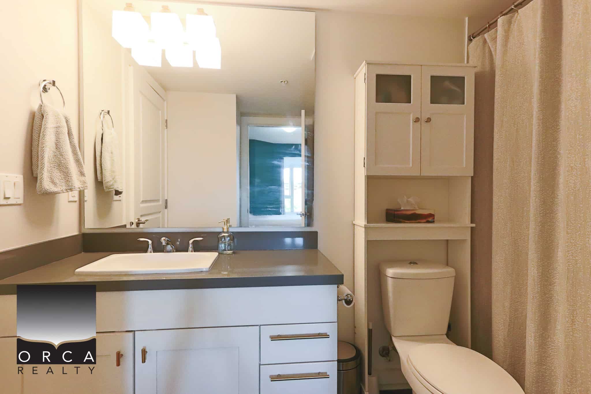 Bright modern bathroom featuring a white vanity, mirror, and contemporary fixtures, perfect for Vancouver area real estate listings and homebuyers seeking stylish, functional spaces in BC.