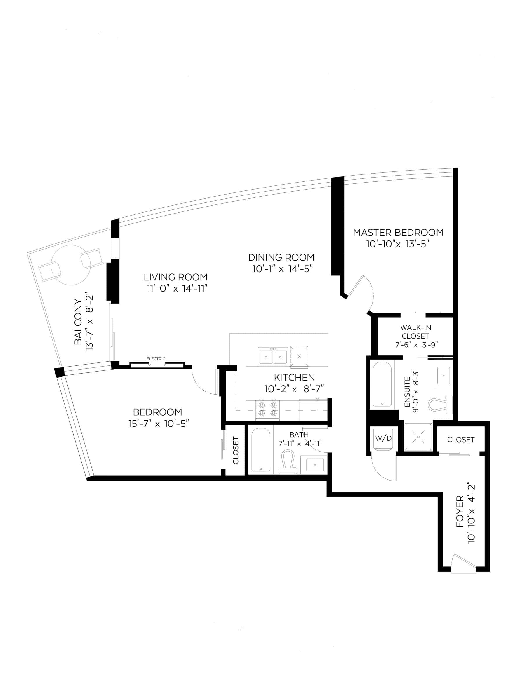 Spacious floor plan of Orca Realty Inc. listing featuring 2 bedrooms, 2 bathrooms, modern kitchen, and balcony with stunning views, ideal for Vancouver real estate buyers and investors.