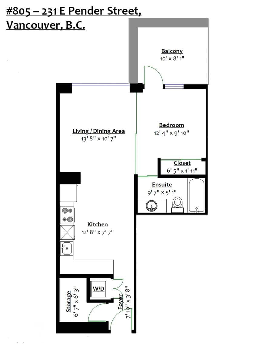 Bright Vancouver condo floor plan with balcony, 1 bedroom, ensuite bathroom, kitchen, living/dining area, and in-suite laundry, offered by Orca Realty Inc.