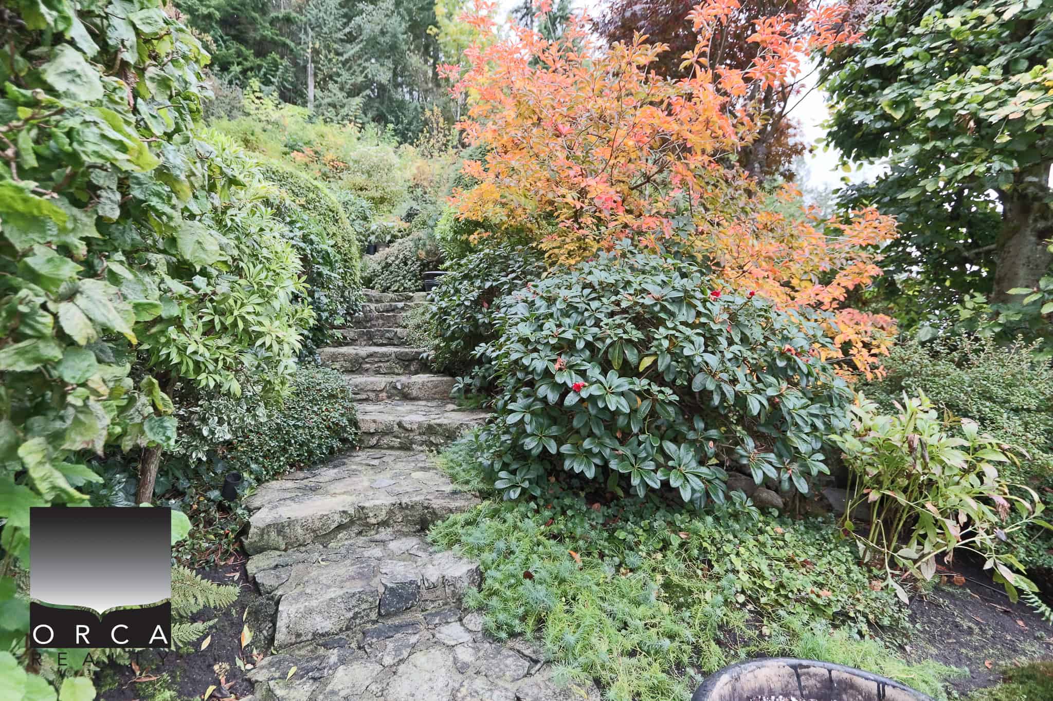 Lush garden with stone steps, colorful autumn foliage, and diverse greenery, showcasing peaceful landscaping and outdoor living potential with Orca Realty Inc. expertise.
