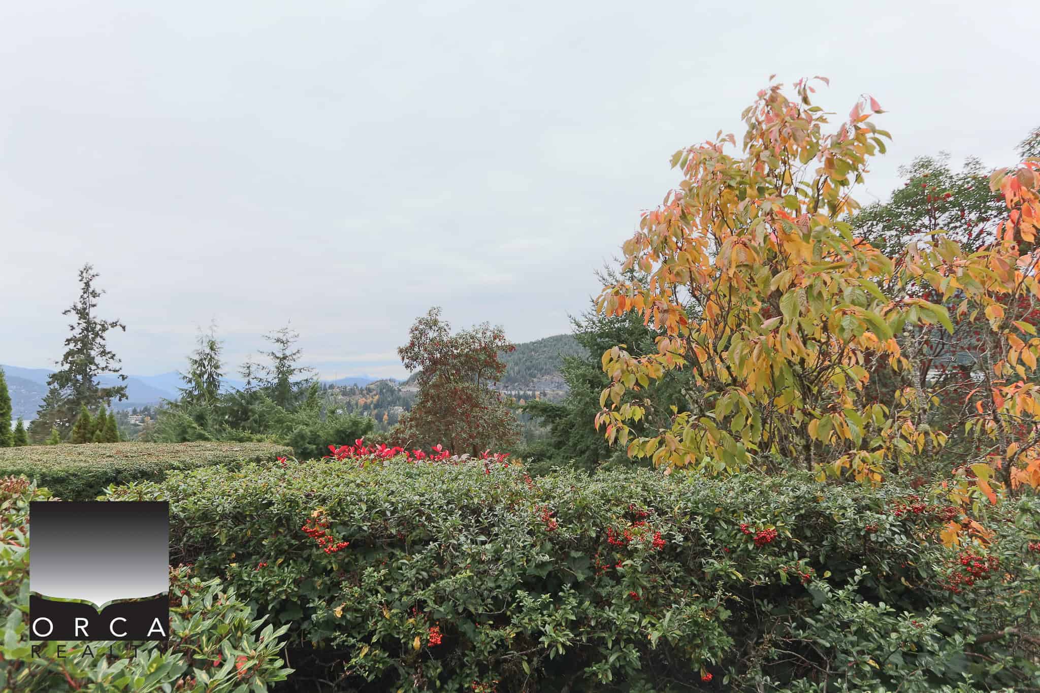 Lush landscaped garden with vibrant foliage and distant mountain views, showcasing the natural beauty of the property associated with Orca Realty Inc. in BC.