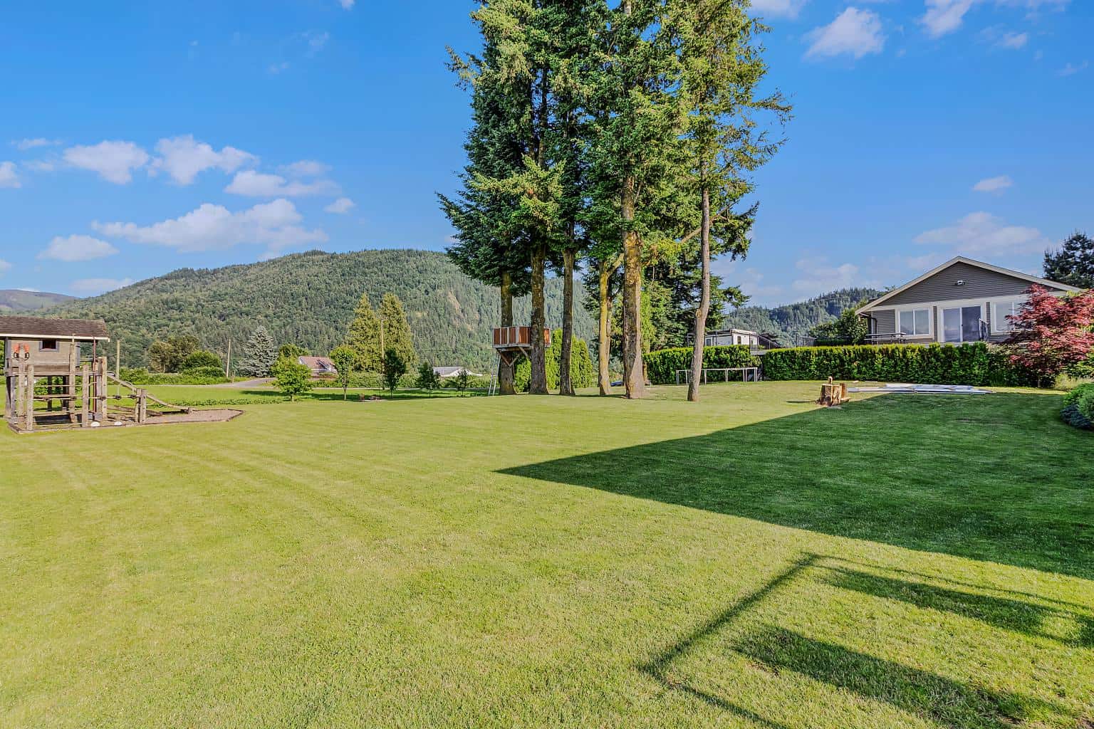 Lush green backyard with well-maintained lawn, mature trees, and mountain views, ideal for outdoor activities and family living, presented by Orca Realty Inc.