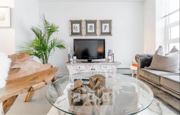 Stylish living room with modern decor, flat-screen TV, and contemporary furniture, ideal for Vancouver real estate buyers seeking elegant home interiors.