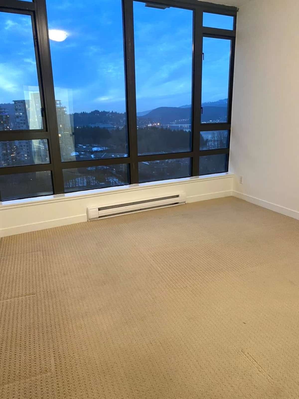 Stunning city and mountain view from a modern apartment window in Vancouver. Bright and spacious room with beige carpet, perfect for comfortable living.