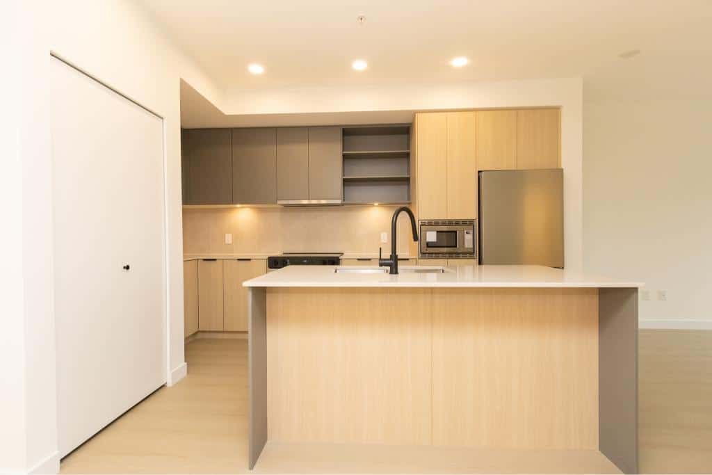 Modern open-concept kitchen with sleek cabinetry and stainless steel appliances, ideal for urban living and entertaining in BC.