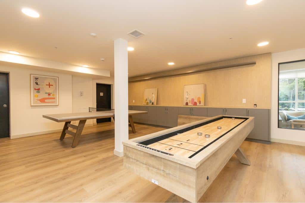 Modern indoor rec room with shuffleboard and table hockey, featuring minimalist decor, wooden floors, and natural light, ideal for family entertainment and Vancouver Island real estate listings.