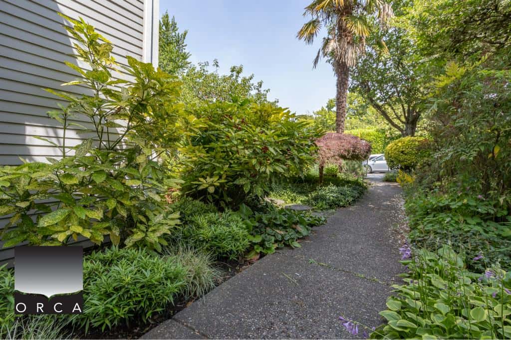 Lush landscaped garden path with vibrant greenery and flowering plants, promoting a tranquil outdoor space for properties listed by Orca Realty Inc. in Victoria, BC.