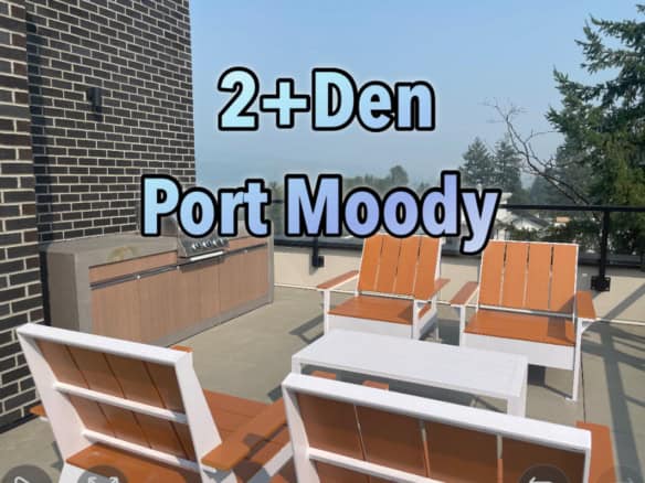 Spacious outdoor balcony with modern patio furniture and BBQ grill, perfect for entertaining in Port Moody. Enjoy breathtaking views in a 2+Den home listed by Orca Realty Inc.