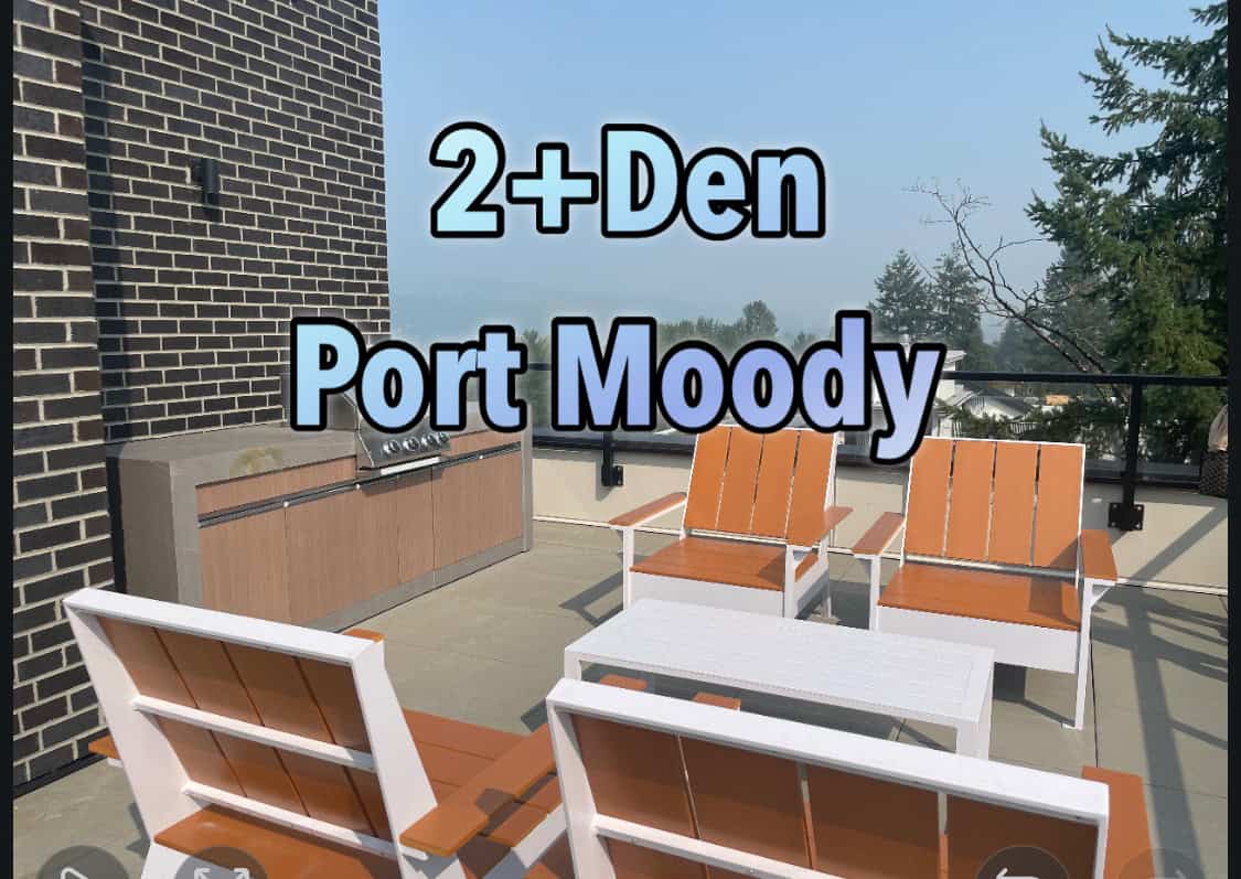 Spacious outdoor balcony with modern patio furniture and BBQ grill, perfect for entertaining in Port Moody. Enjoy breathtaking views in a 2+Den home listed by Orca Realty Inc.