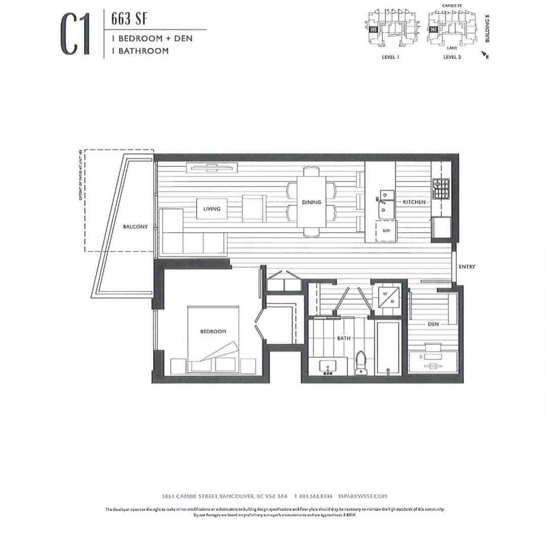 Bright one-bedroom apartment floor plan with a den, open living area, balcony, modern kitchen, and spacious bedroom – ideal Vancouver real estate listing.