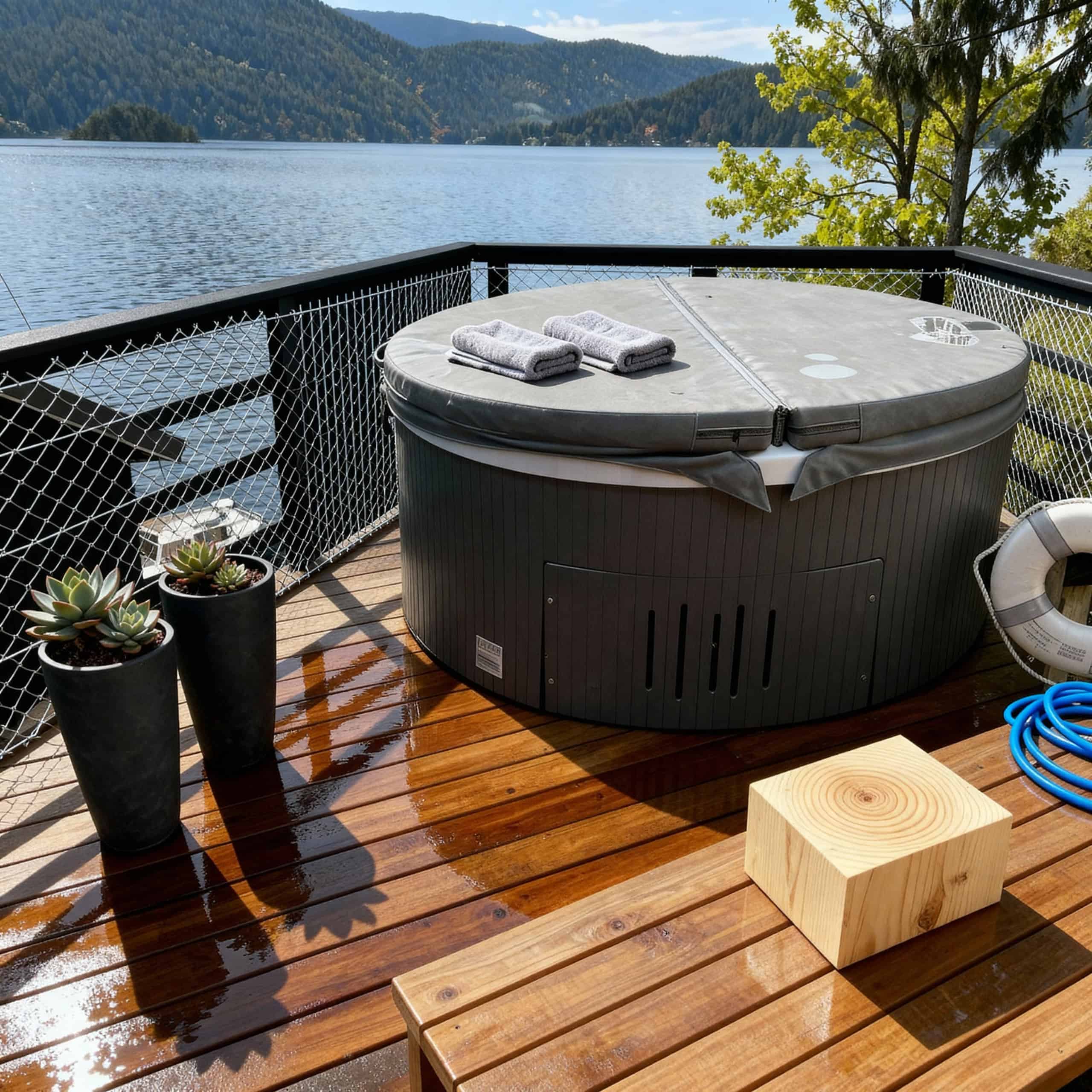Relaxing hot tub on a spacious wooden deck overlooking a serene lake and lush forested mountains in the background, perfect for outdoor leisure and waterfront living in BC.
