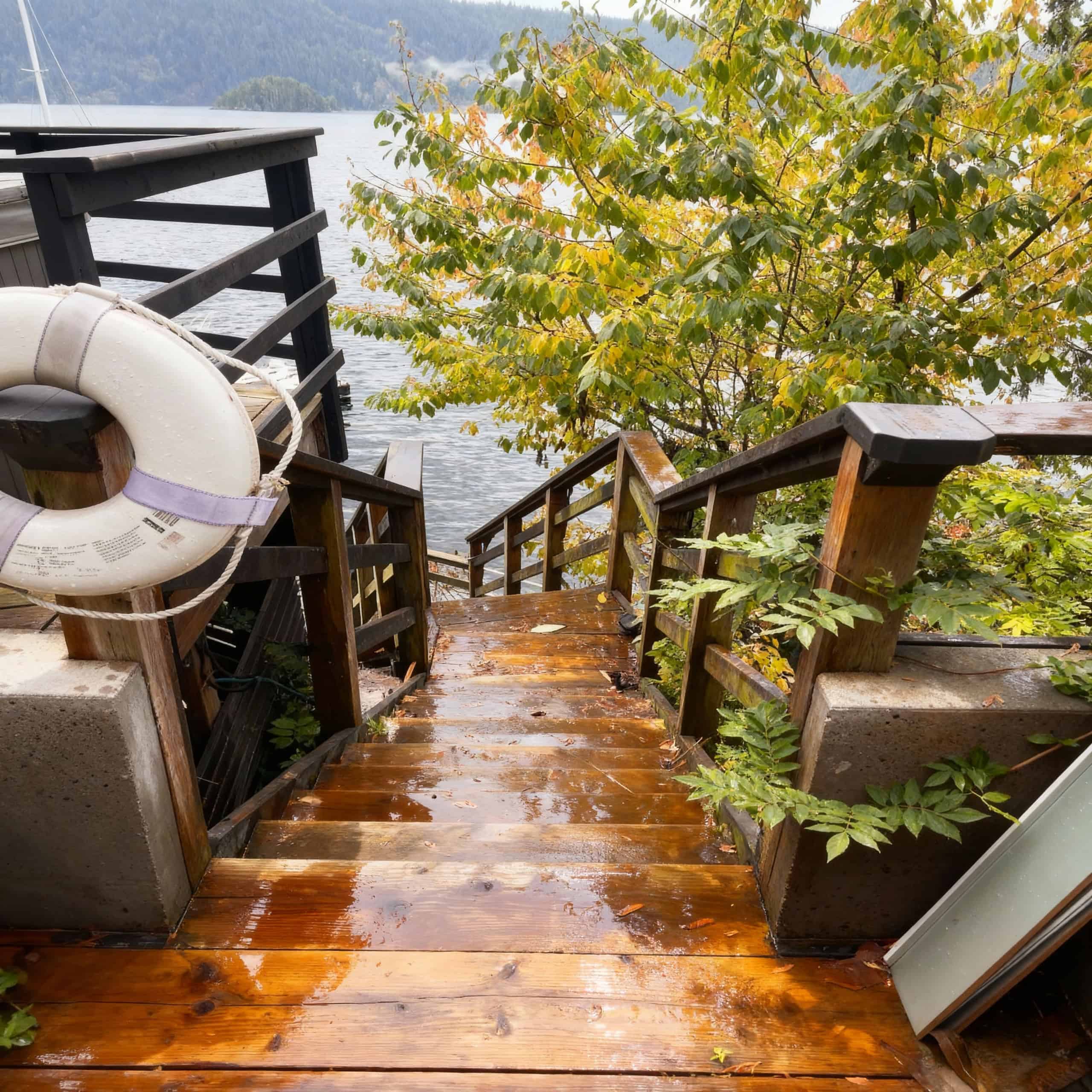 A wooden outdoor staircase leading down to a scenic waterfront, surrounded by vibrant autumn foliage, highlighting lakeside property features for Orca Realty Inc.