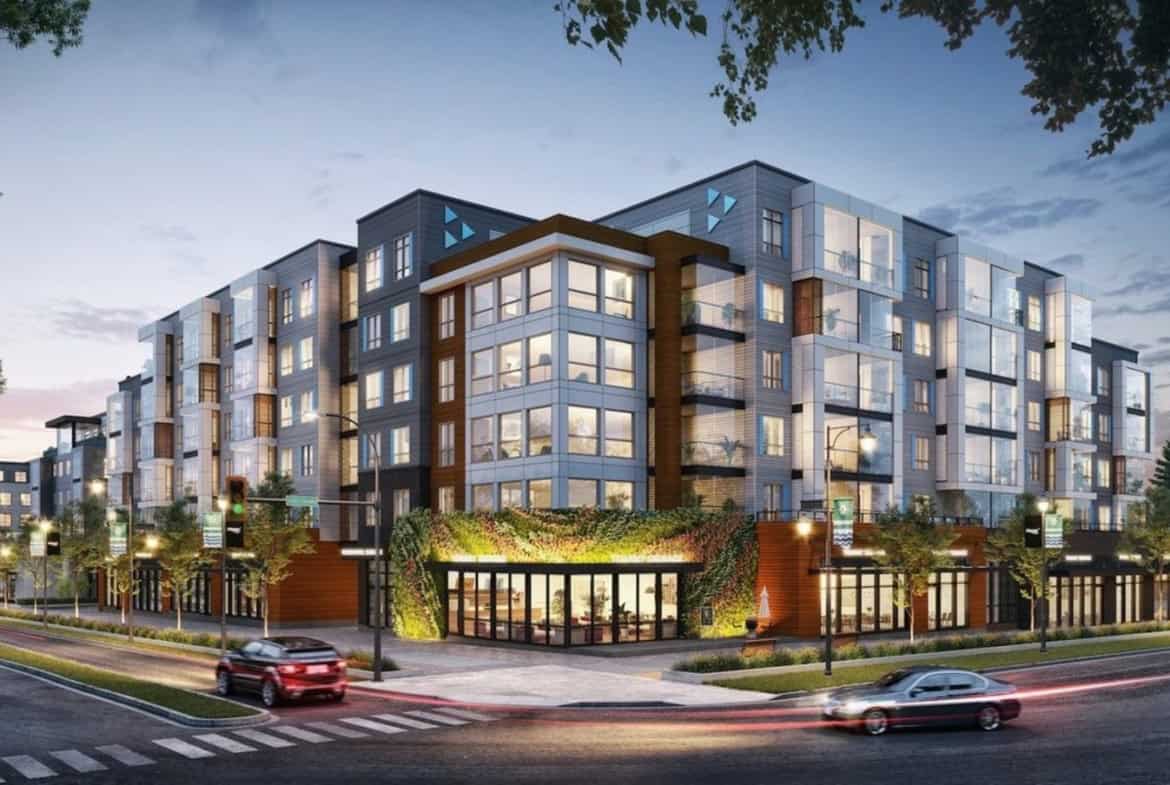 Contemporary apartment building in Vancouver, British Columbia, vibrant cityscape, modern residential complex with large glass windows and lush greenery, perfect for urban living.