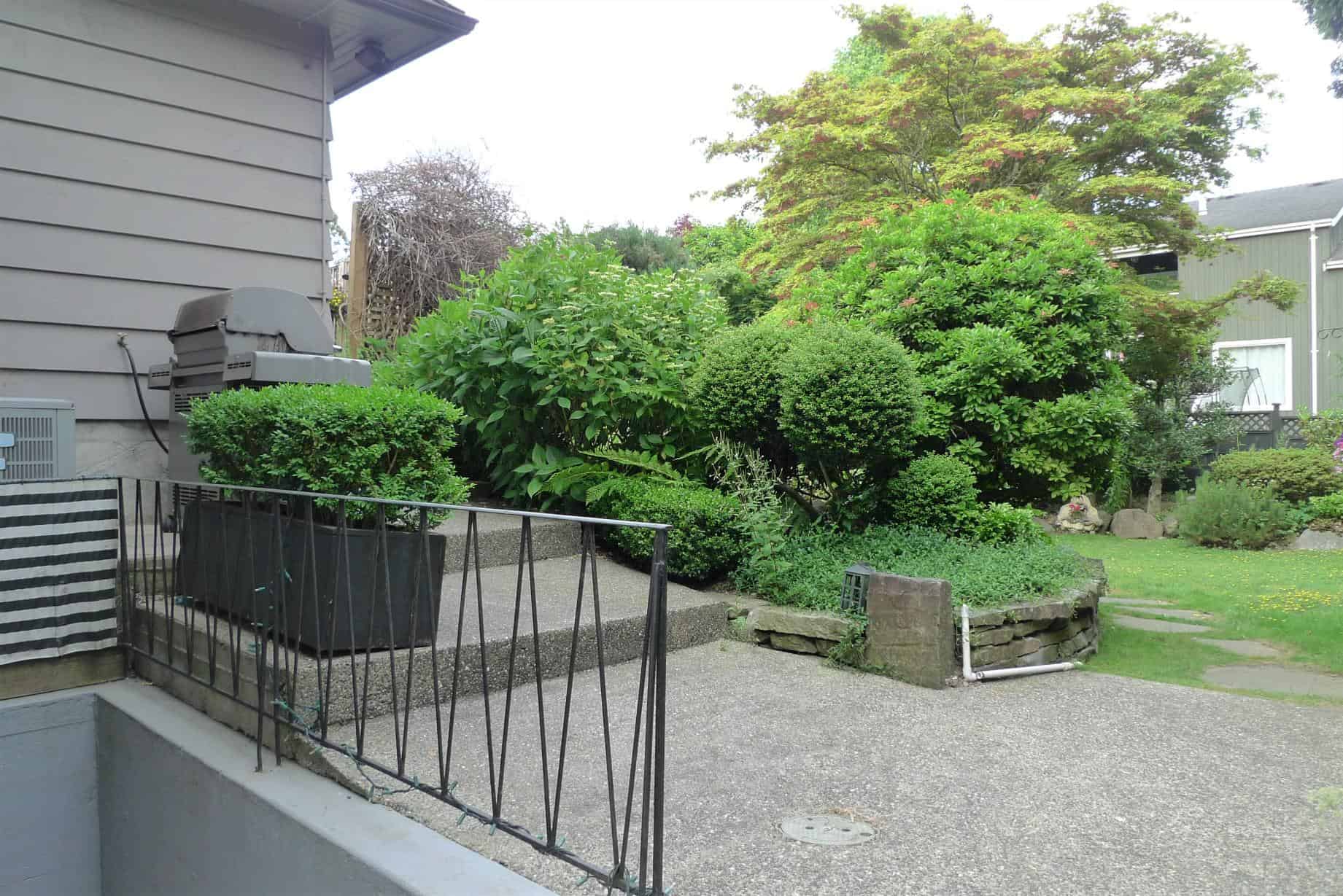 Lush backyard garden with vibrant greenery and landscaped shrubbery, ideal for outdoor living and relaxation, showcasing the charm of Orca Realty Inc. properties in Vancouver's real estate market.
