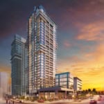 Luxury high-rise condo building in Vancouver at sunset, showcasing modern architecture and panoramic city views, ideal for real estate investment and urban living in British Columbia.