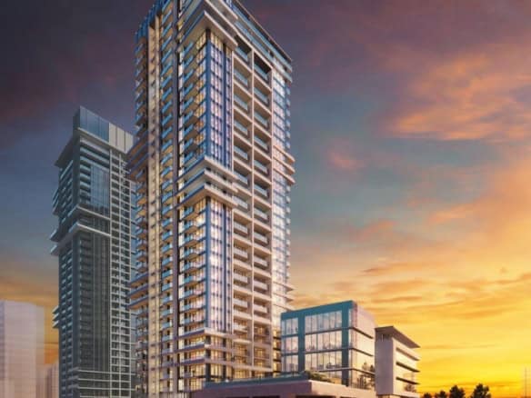 Luxury high-rise condo building in Vancouver at sunset, showcasing modern architecture and panoramic city views, ideal for real estate investment and urban living in British Columbia.