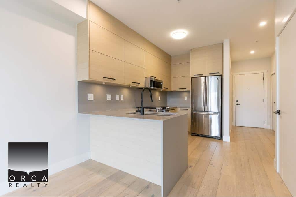 Modern minimalist kitchen with stainless steel appliances, light wood cabinetry, and a sleek design - ideal for Vancouver real estate listings.
