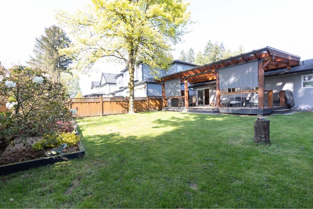 Bright backyard with lush green lawn, mature trees, and a spacious covered patio area in a suburban neighbourhood, highlighting Vancouver Island real estate.