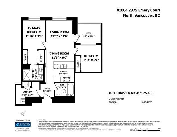 Spacious Vancouver apartment floor plan with primary bedroom, living and dining areas, two bedrooms, bathrooms, laundry, and outdoor deck, 907 sq.ft.