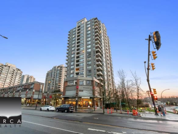 Modern high-rise residential building with mixed-use commercial space on the ground floor in Vancouver, BC. Prime real estate opportunity with luxury condos, vibrant neighborhood, and urban amenities.