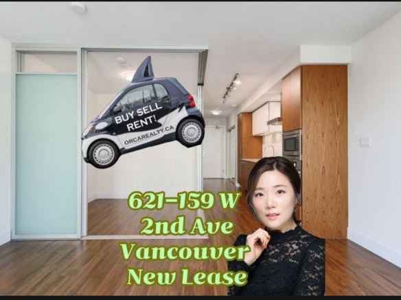 A compact black and white car with "Buy Sell Rent" written on it, floating inside a modern apartment, promoting real estate services in Vancouver.