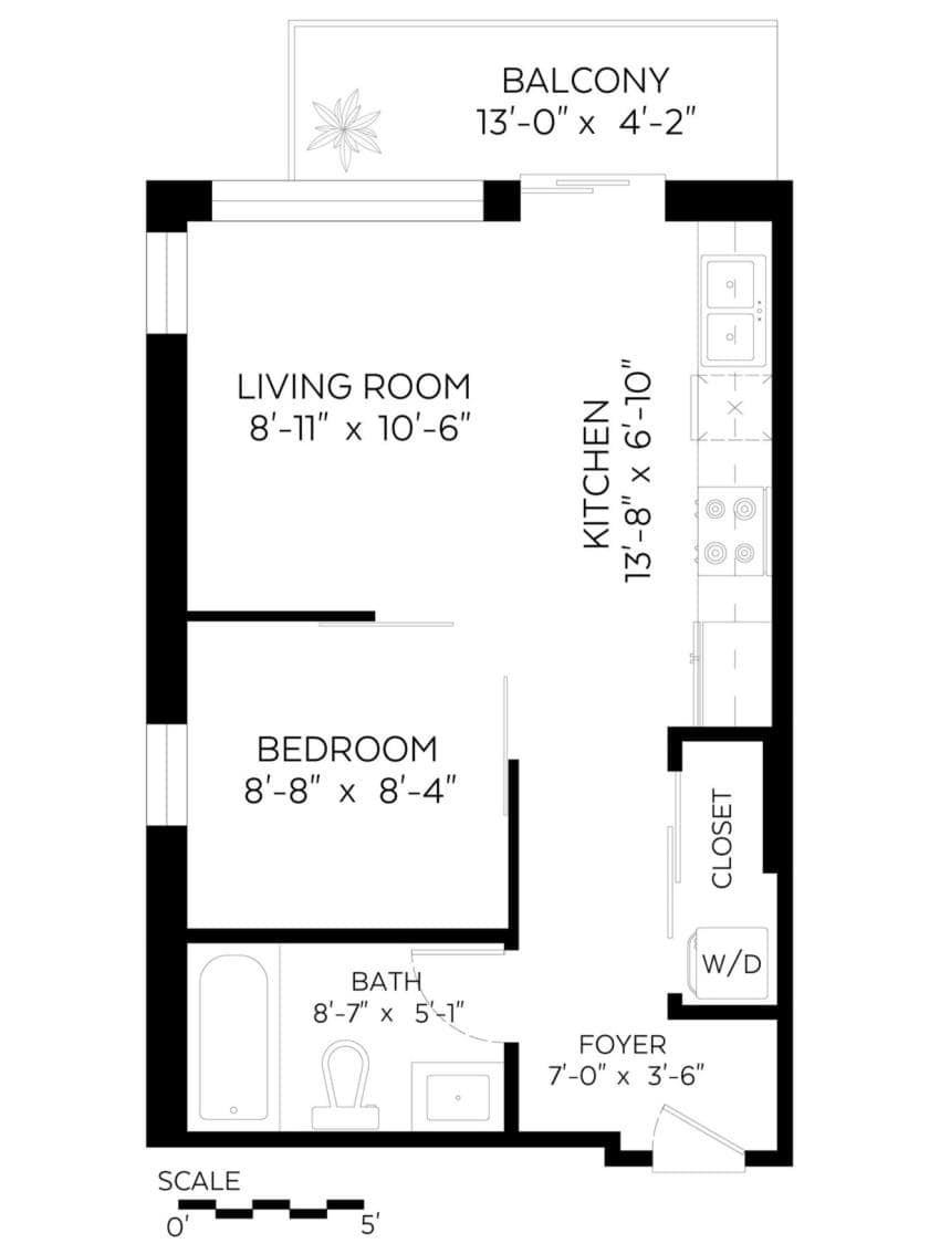 Bright one-bedroom apartment floor plan with living room, kitchen, bathroom, balcony, and washer/dryer in an Ontario property. Perfect for Vancouver real estate market.