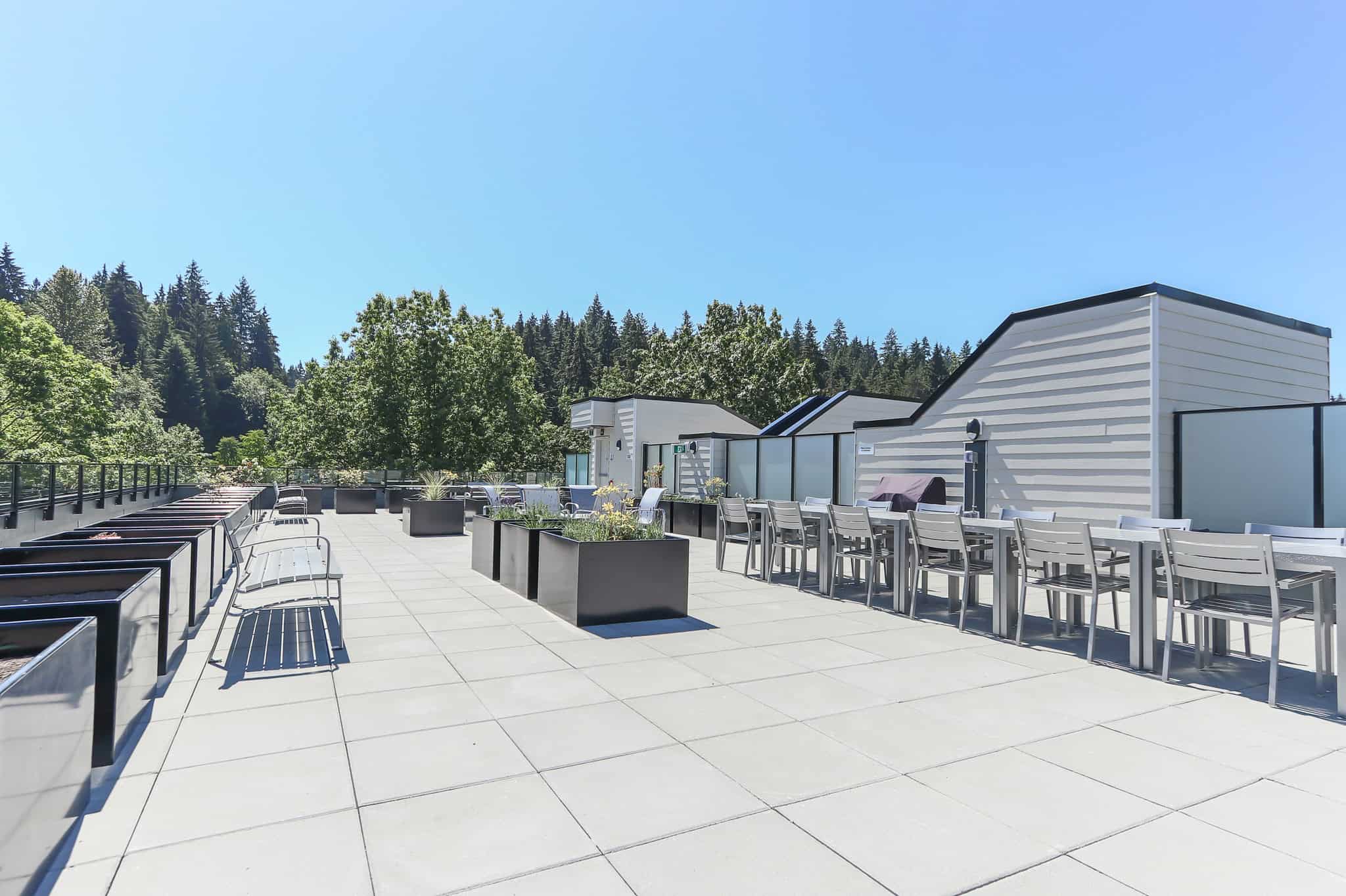 Spacious rooftop terrace with outdoor seating and planters, offering a scenic view of lush trees and a clear blue sky, perfect for relaxed living in Vancouver.