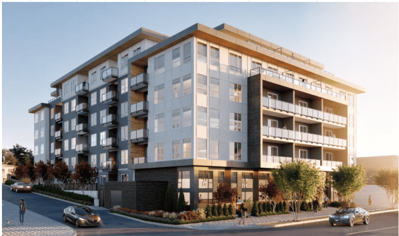 Luxury modern apartment building in an urban setting, sunny day, landscaped surroundings, balconies, large windows, residential real estate, Orca Realty Inc.