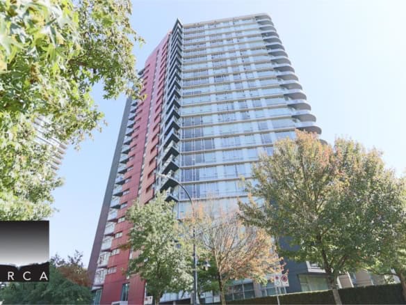 Modern high-rise condominium building in Vancouver, BC, showcasing upscale urban living with balconies and glass exterior, perfect for real estate investment or residential purposes.