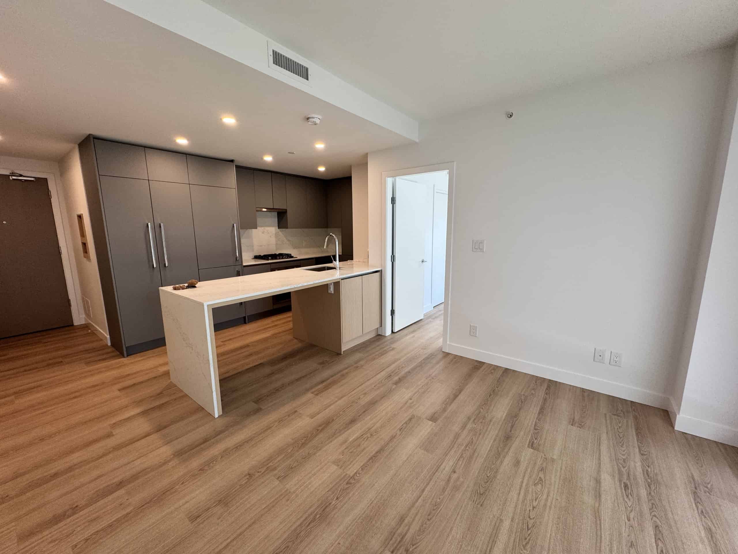 Modern open-concept kitchen in downtown Vancouver with sleek grey cabinetry, island countertop, and hardwood floors, ideal for Vancouver real estate investors and homebuyers.