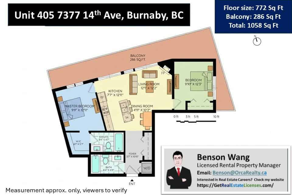 Bright, modern 2-bedroom apartment floor plan in Burnaby BC with 772 sq ft living space, balcony, and open-concept kitchen and living areas, ideal for buyers seeking comfort and style.