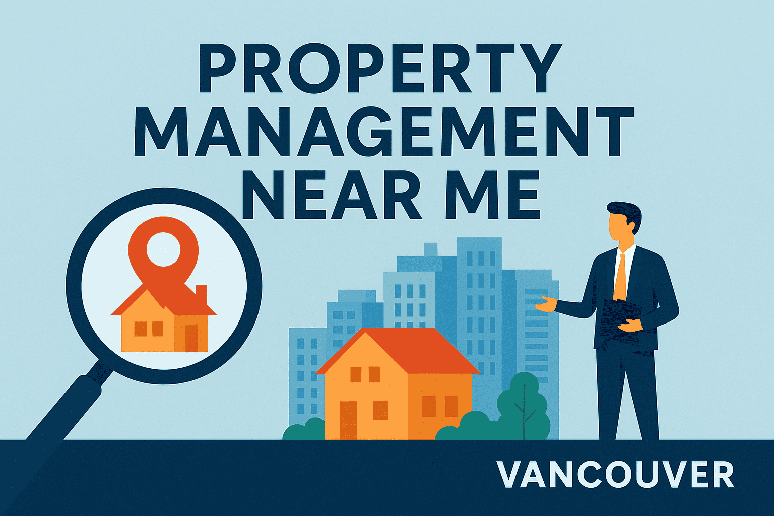 Magnifying glass focusing on a house icon, symbolizing property management services offered by Orca Realty Inc. in Vancouver.