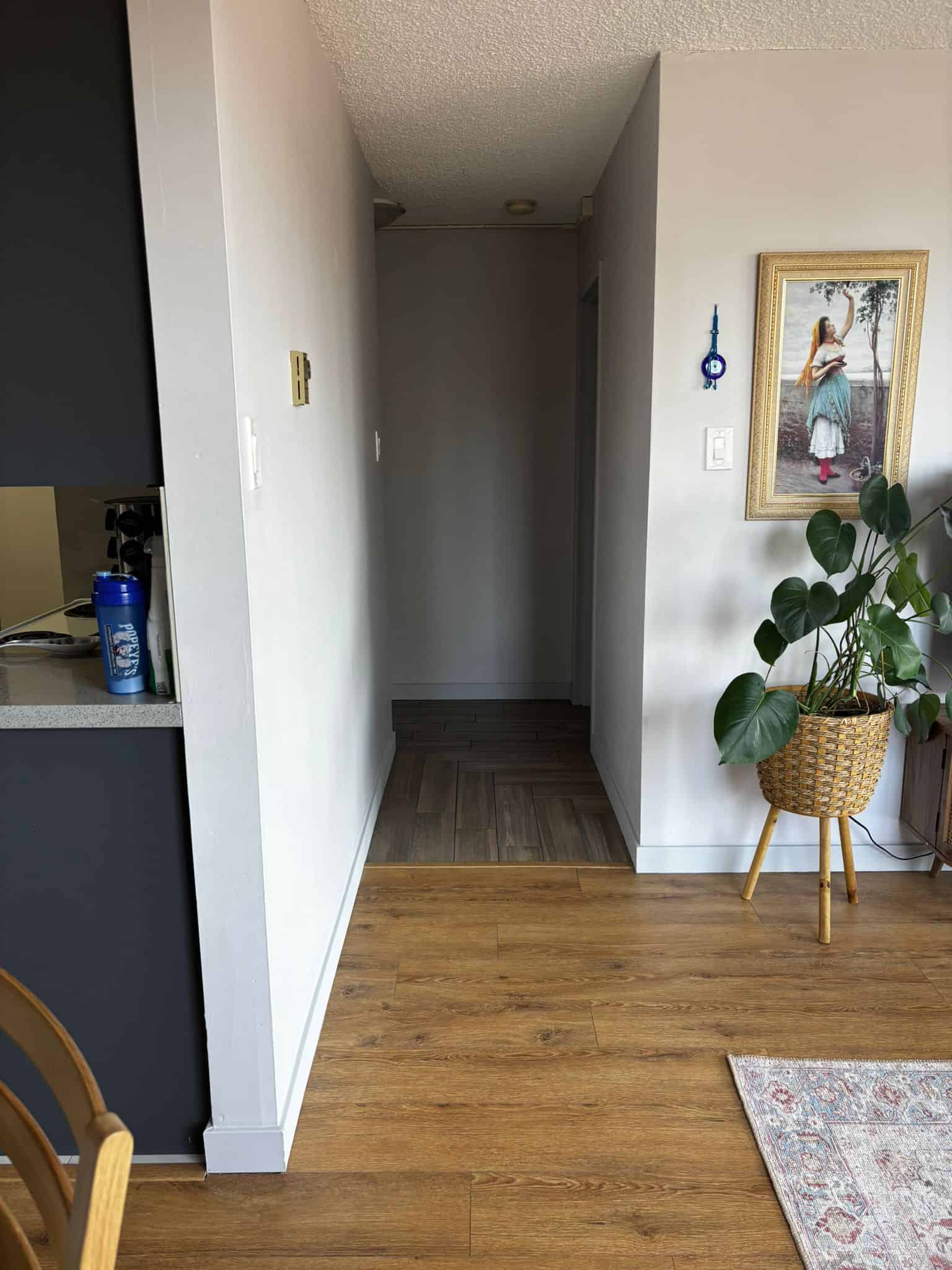 Bright, modern interior hallway with hardwood flooring, decorative wall art, and potted plant, showcasing stylish home design and real estate appeal.