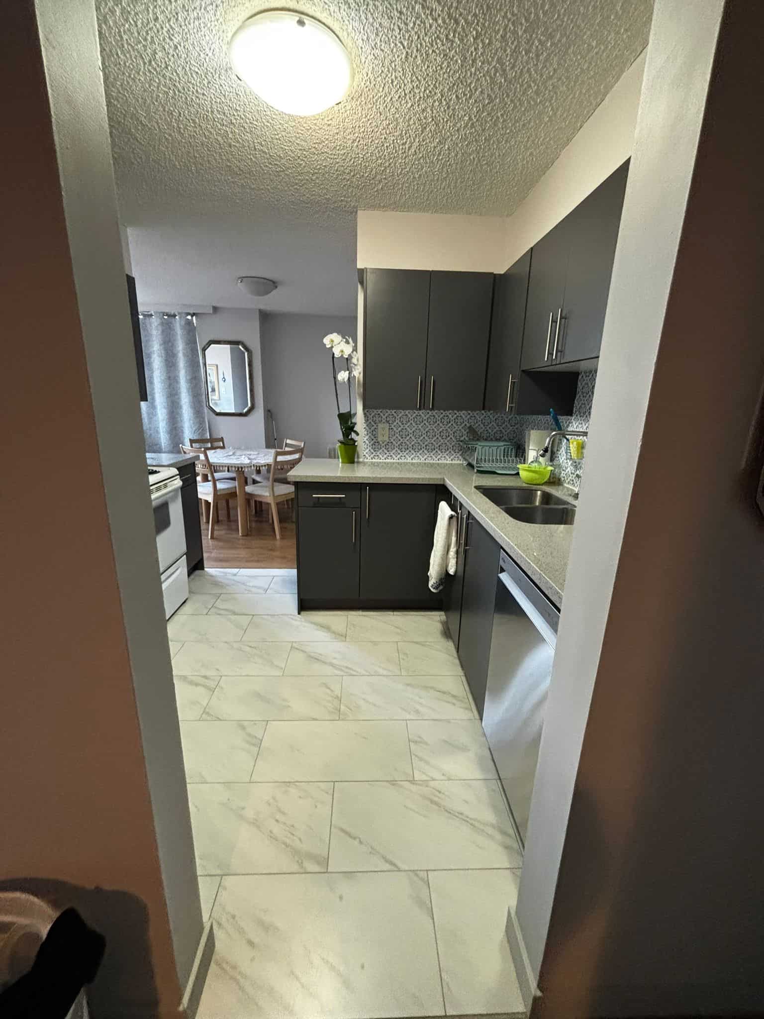 Modern grey kitchen with white countertops, stainless steel appliances, and a view of the dining area, showcasing contemporary Vancouver Island real estate.