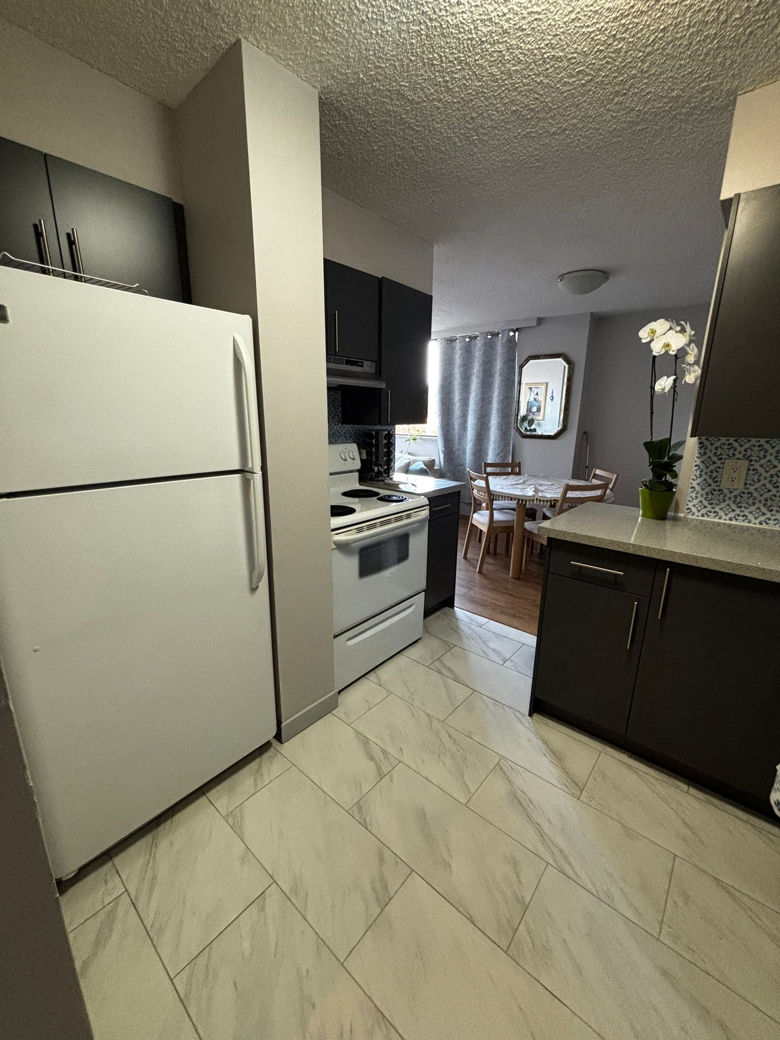 Modern kitchen with white refrigerator, black cabinets, and white stove, open to a dining area with wooden table and chairs, bright natural light, featuring clean design and functionality, ideal for Vancouver homes.