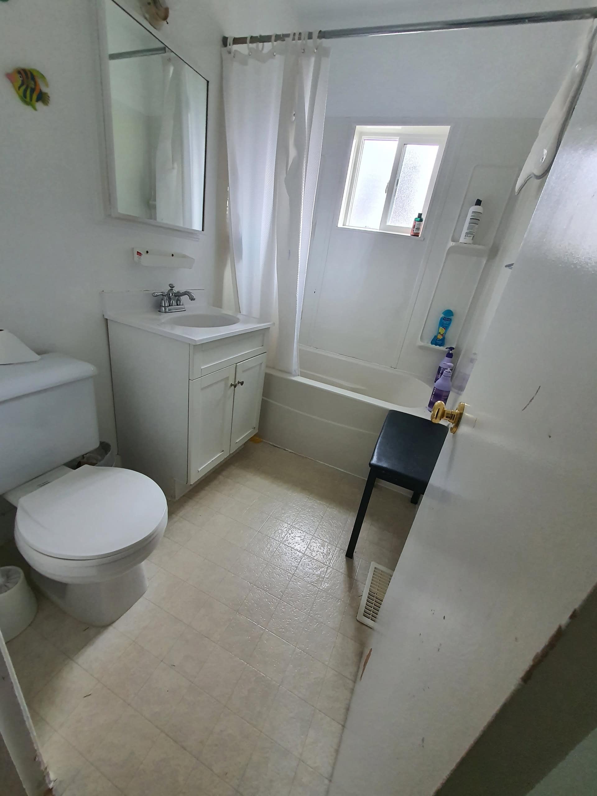 Simple white bathroom with shower and bathtub, toilet, small vanity with mirror, and natural light from window, showcasing cozy home bathroom features.