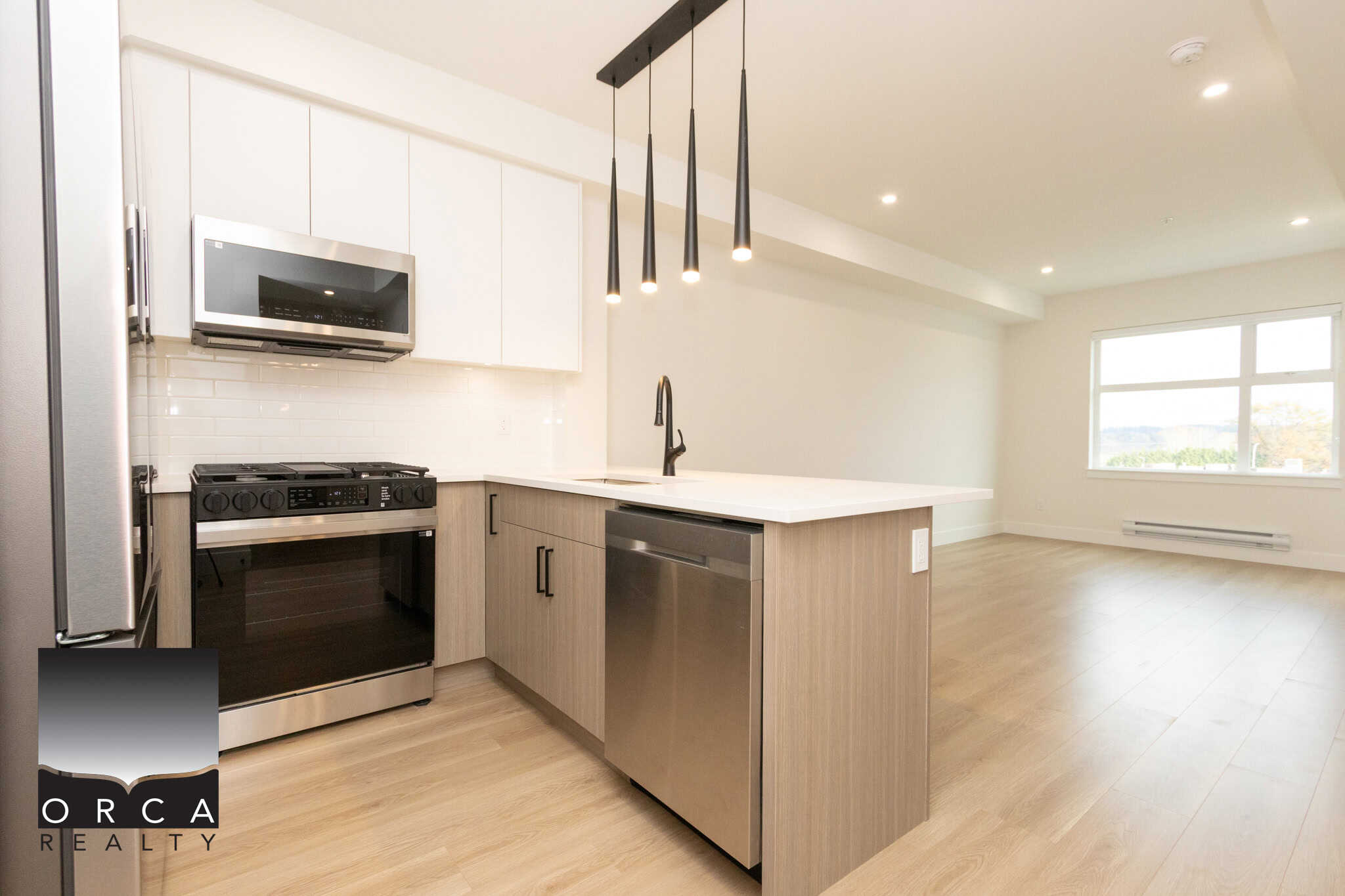 Bright modern kitchen with stainless steel appliances, minimalist design, and open-concept layout, perfect for contemporary living and entertaining.