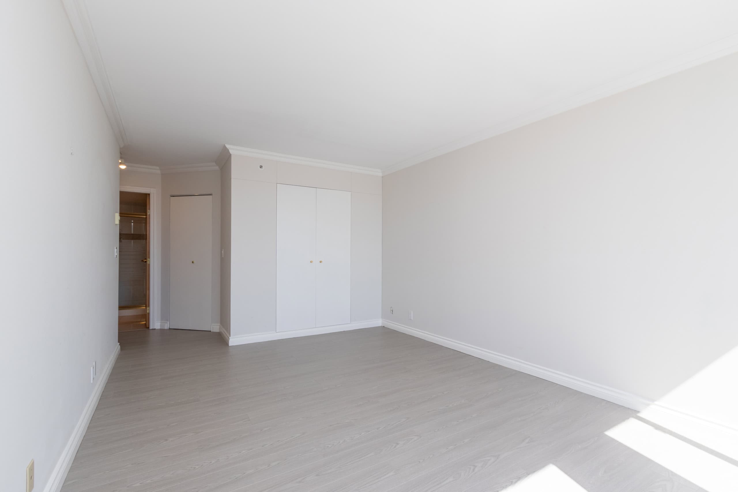 Spacious modern living room with white walls and laminate flooring, ideal for Vancouver real estate listings, featuring ample natural light and closet storage, perfect for potential homeowners.