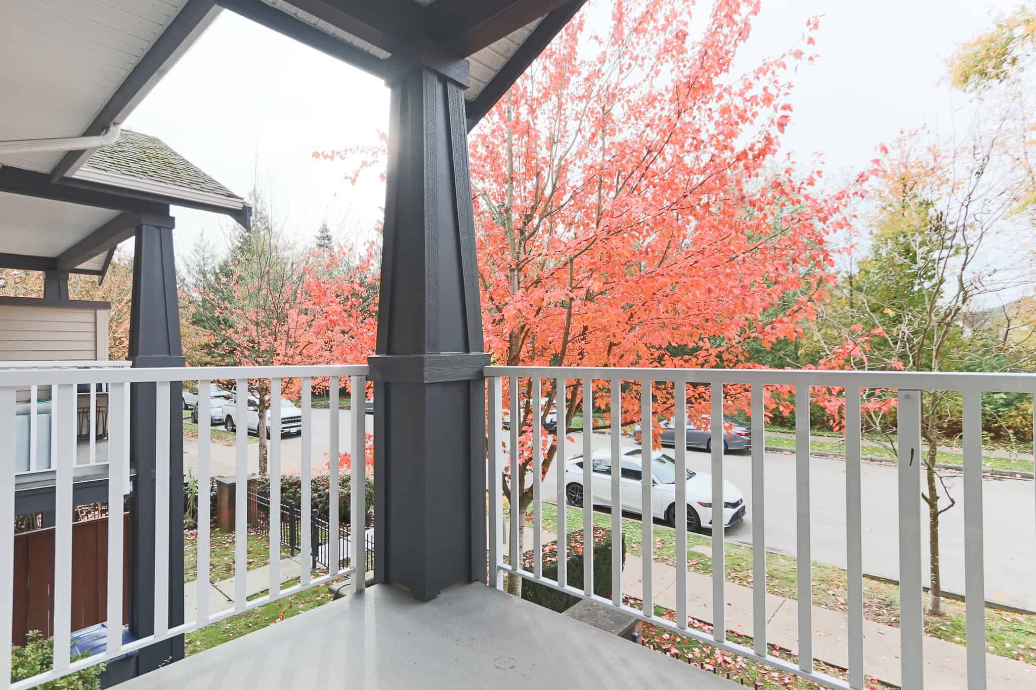 Vibrant autumn foliage view from a balcony on a residential property, showcasing colorful fall leaves and a peaceful neighbourhood scene.