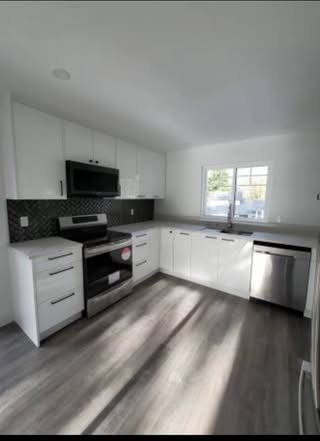 Bright modern kitchen with white cabinetry, stainless steel appliances, and grey wood flooring, perfect for contemporary living and homeownership in Ontario.