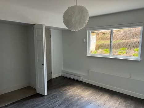 Bright empty living room with large window, white walls, dark flooring, and modern light fixture, ideal for Vancouver Island homes.