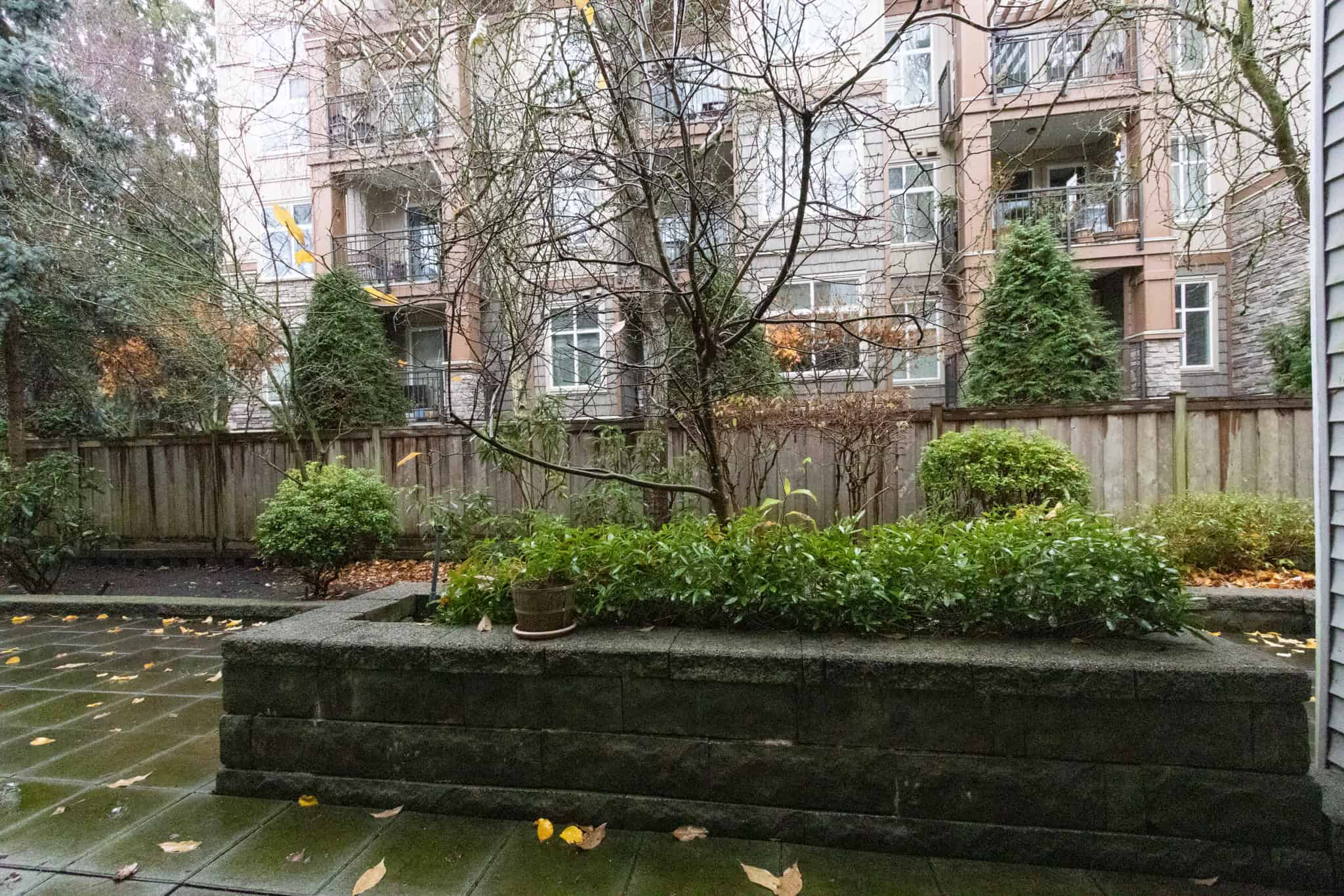 A lush garden backyard with mature trees, shrubs, and a wooden fence, offering a private outdoor space for residents in Vancouver. Ideal for relaxing or outdoor activities.