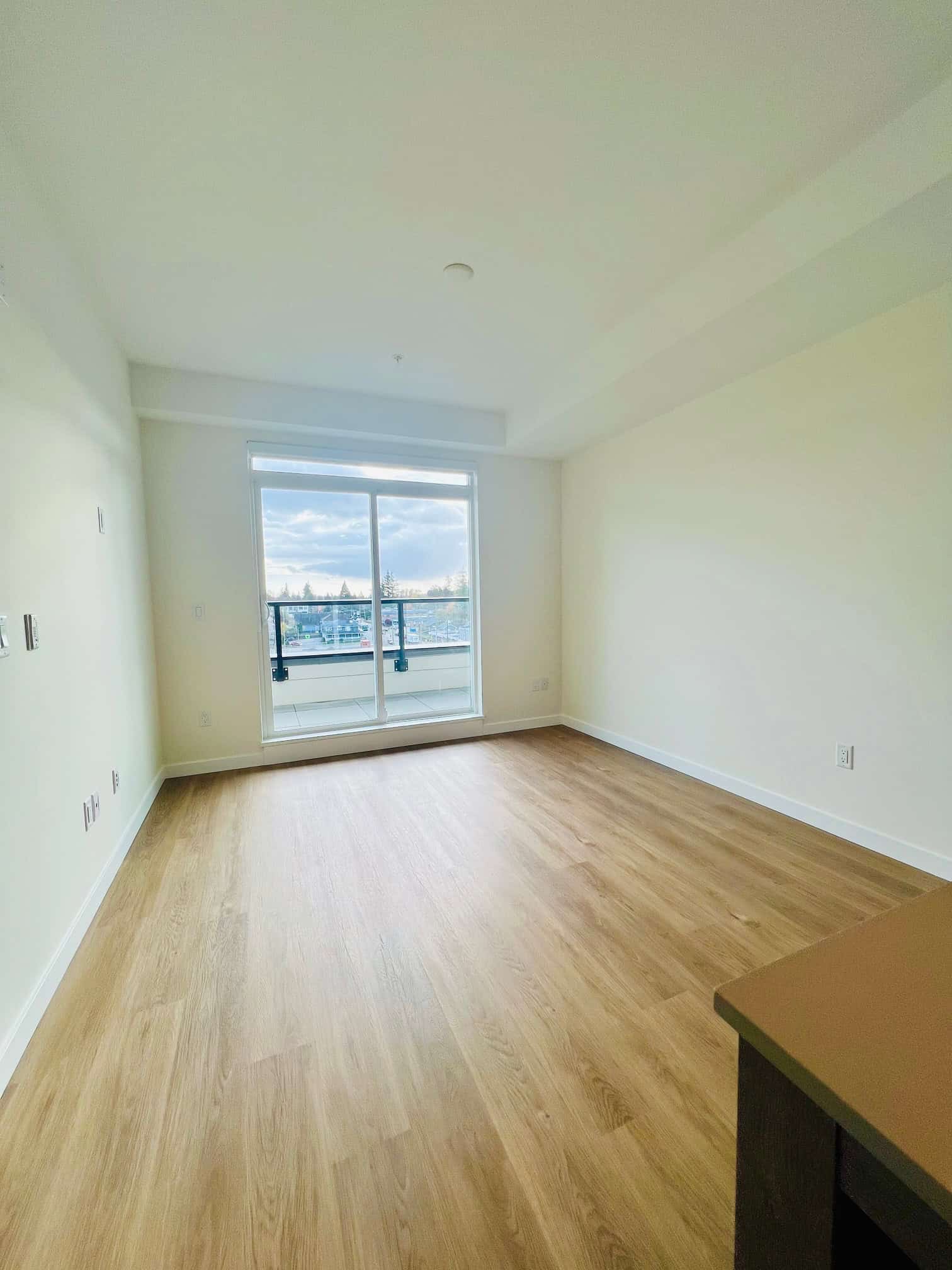 IMG_5607 Bright empty living room with large glass sliding door leading to balcony, natural light, hardwood flooring, modern interior, ideal for Vancouver real estate, Orca Realty.