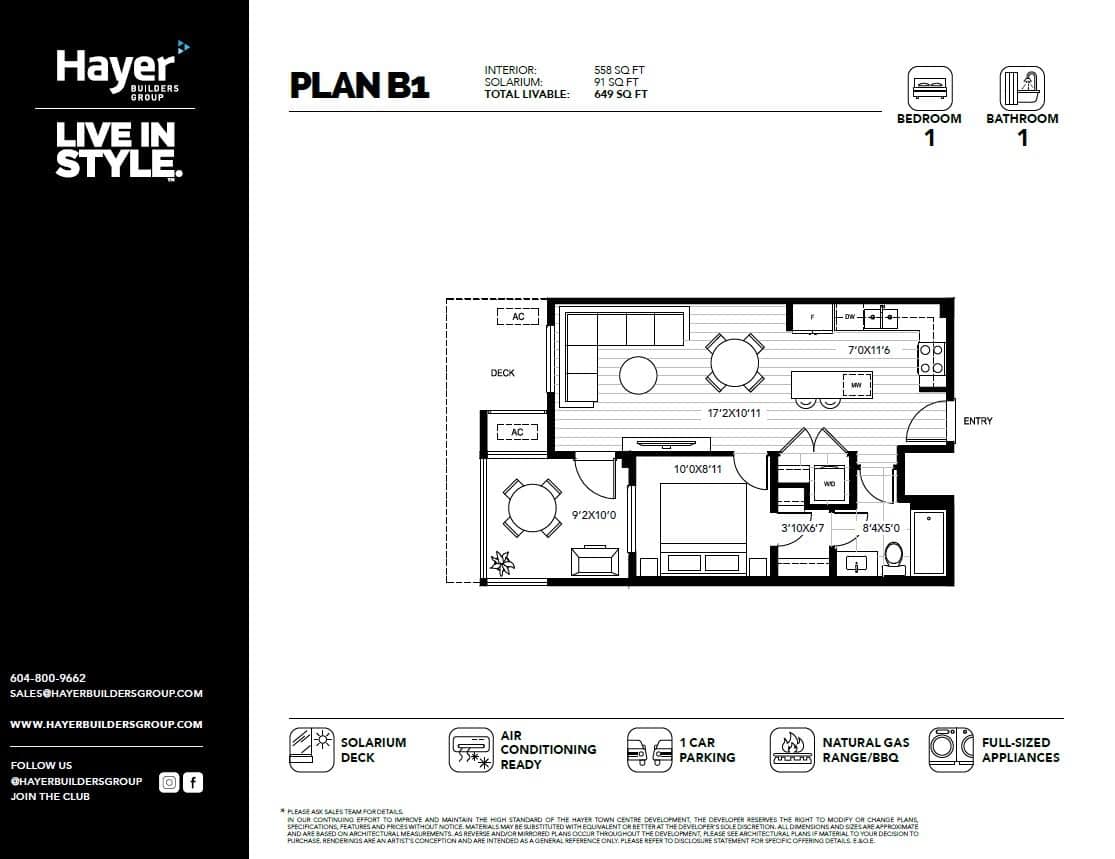 1-1 Modern one-bedroom, one-bathroom condo floor plan with a solarium deck, open living space, and contemporary kitchen in a stylish residential community.