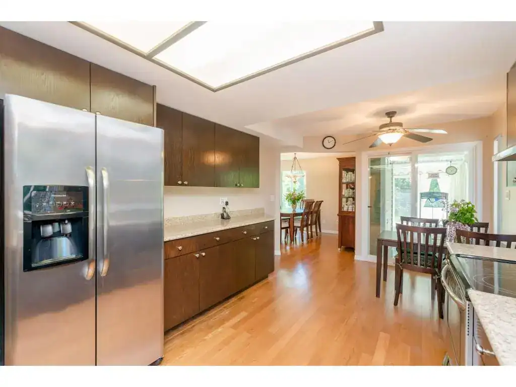 Stainless steel refrigerator in a modern kitchen with dark wood cabinets, granite countertops, and hardwood flooring, ideal for Vancouver real estate listings.